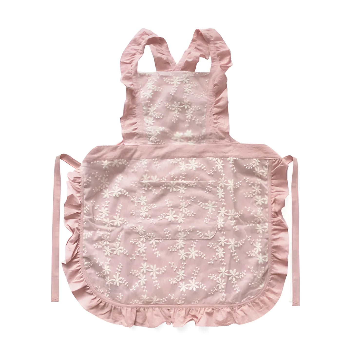 Cotton linen kitchen apron with lace-trimmed X straps in solid colour