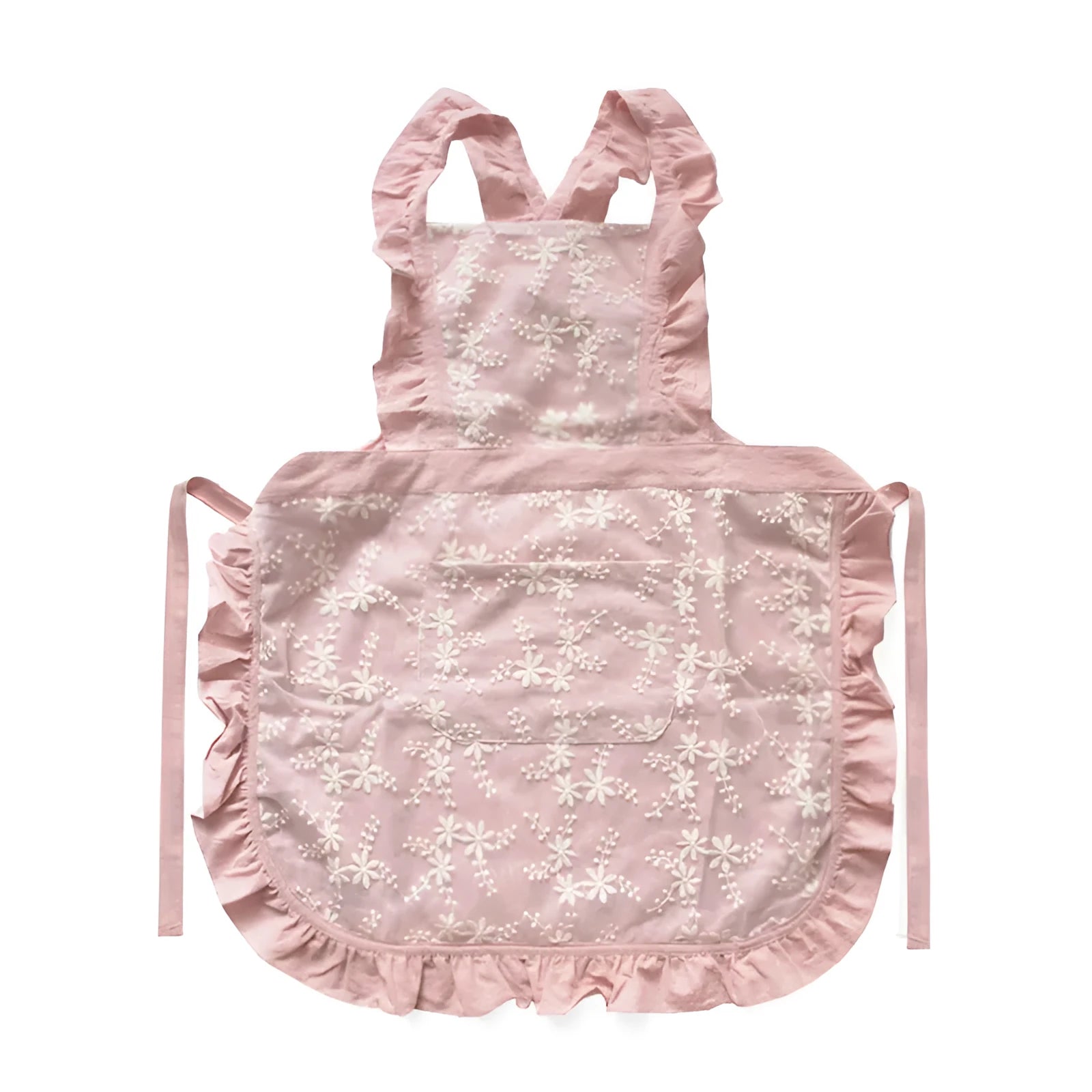 Cotton linen kitchen apron with lace-trimmed X straps in solid colour