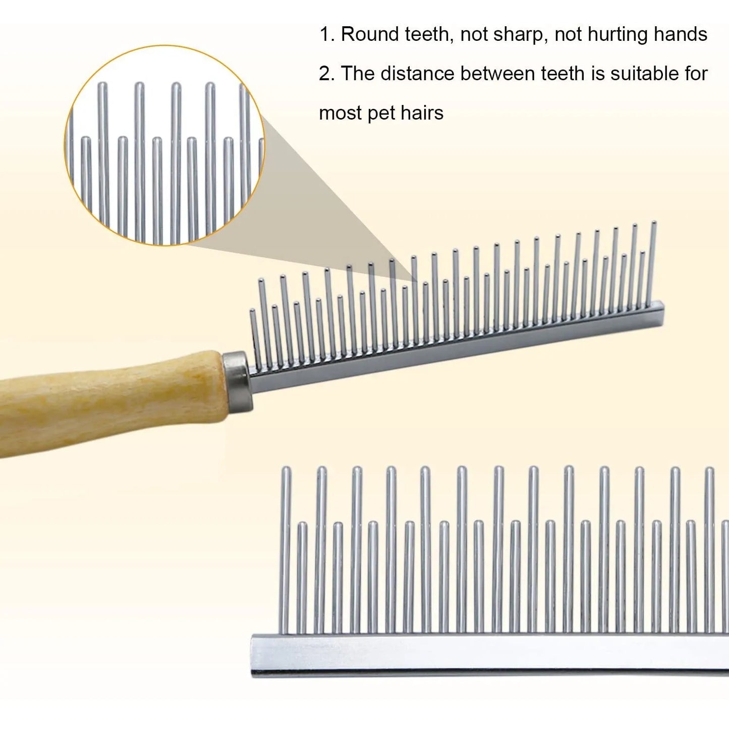 Wooden handle pet grooming comb with round stainless steel needles for dogs and cats