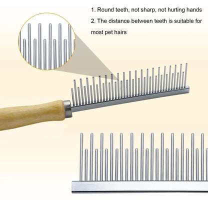 Wooden handle pet grooming comb with round stainless steel needles for dogs and cats