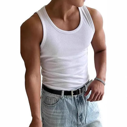 Men's tight-fitting grey sports t-shirt with a round neck, shown flat.