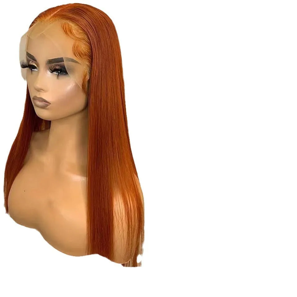 Orange straight synthetic front lace wig with side bangs shown at various lengths