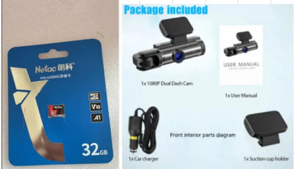 Dual-lens HD driving recorder with 3.5-inch LCD screen mounted on a car dashboard.