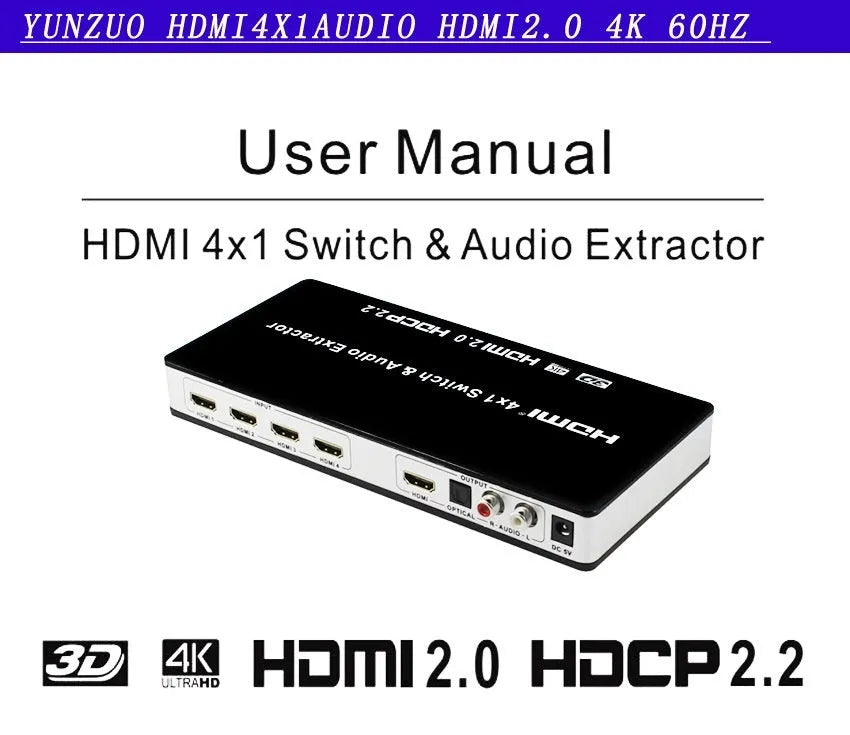 Black HDMI switch with remote control showing 4 HDMI inputs and 1 output for video switching with audio separation