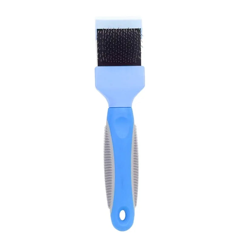 Blue double-sided pet brush for dogs and cats with stainless steel pins on a wooden table