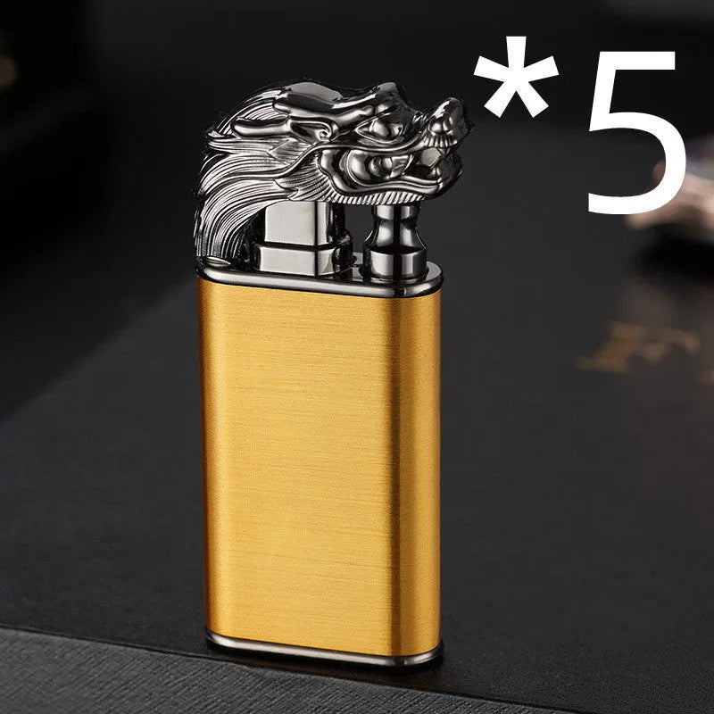 Metal windproof lighter with double flame and dragon design, showing flame from mouth.