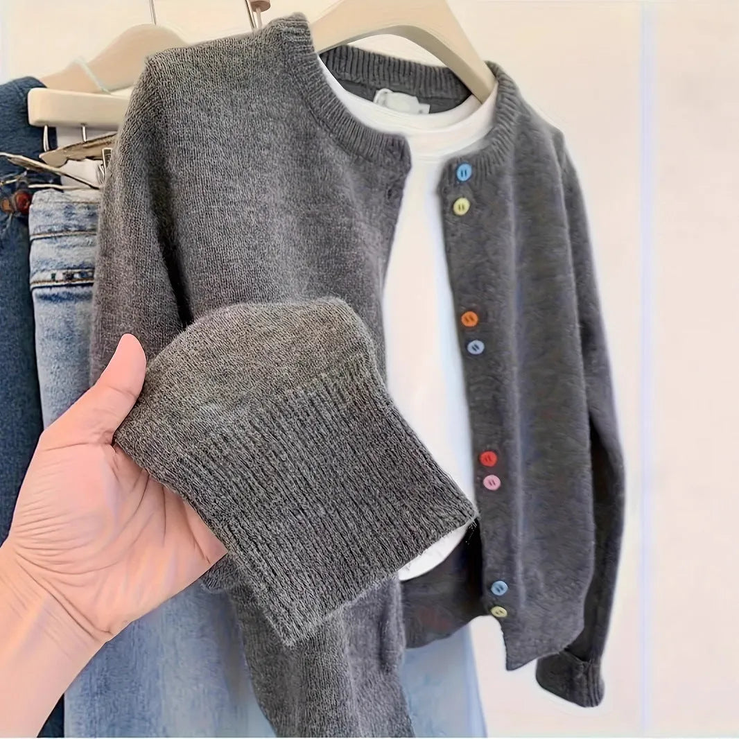 Dark grey women's polyester cardigan with button front and long sleeves