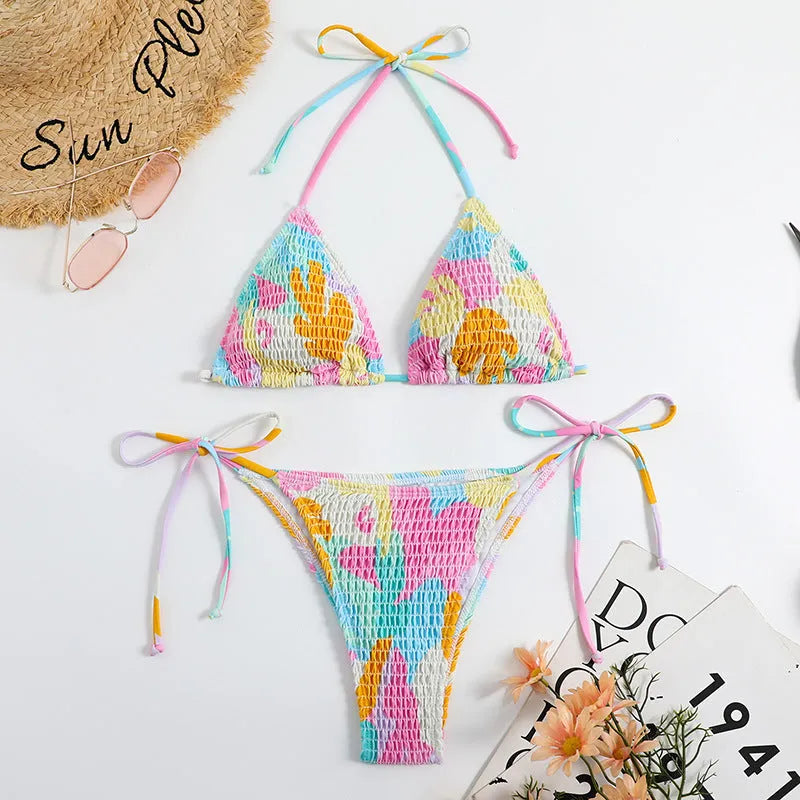 Women's multicolour floral gradient bikini with smocking detail in polyester fabric