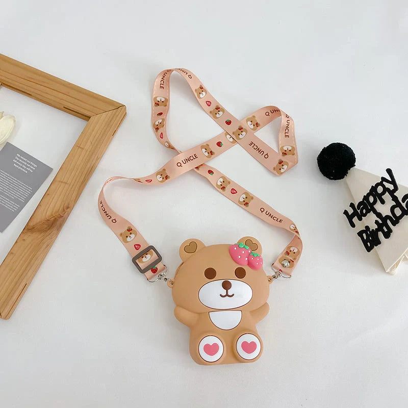 Children's silicone strawberry bear shoulder bag with zipper closure