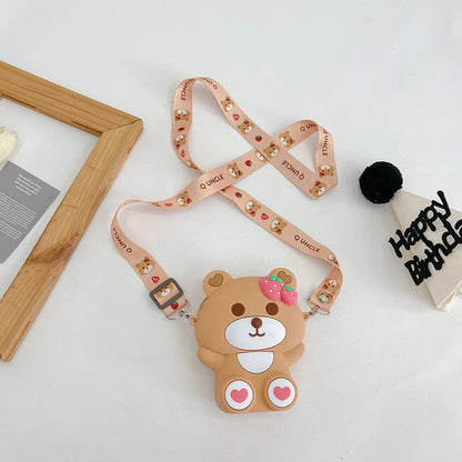 Children's silicone strawberry bear shoulder bag with zipper closure