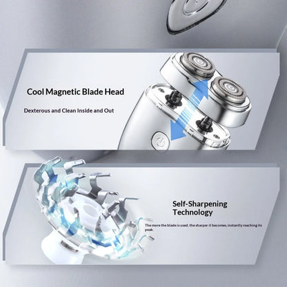 Silver portable electric shaver with floating double cutter heads, USB charging port, and rubberised grip