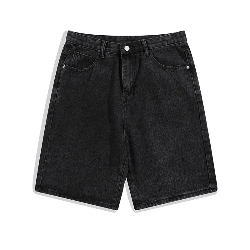 Men's straight-leg denim shorts in light blue with five-pocket design and zipper fly