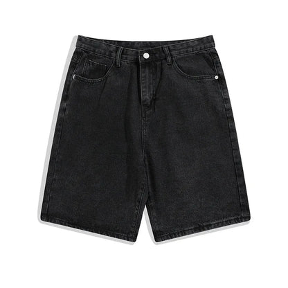 Men's straight-leg denim shorts in light blue with five-pocket design and zipper fly