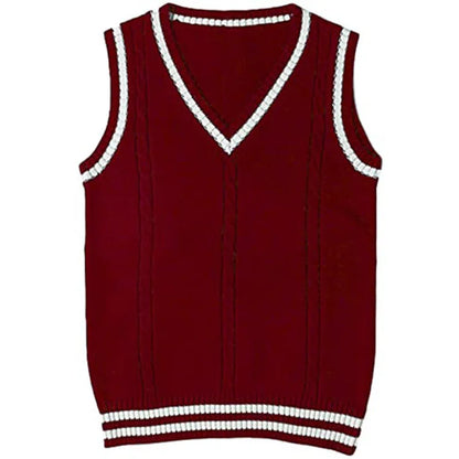 Women's V-neck striped stitching knitted sweater in slim fit, available in white, black, dark blue, wine red, and brown