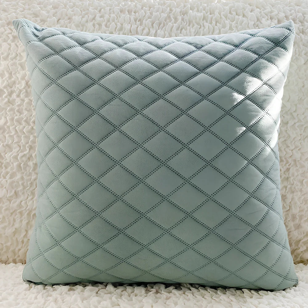 45cm square velvet cushion in Gentleman's Grid colour with PP cotton filler on grey sofa
