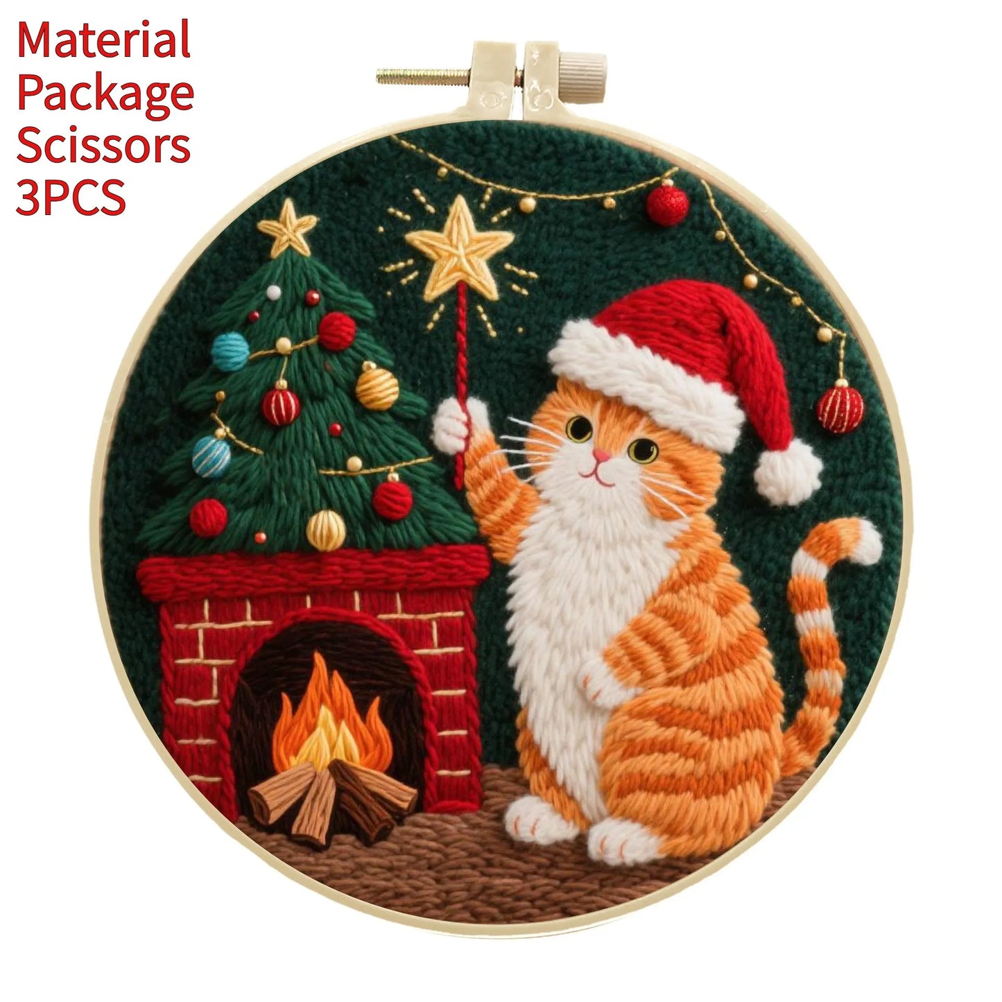 Cat embroidery DIY kit with autumn fruit design on fabric and a 20cm imitation bamboo embroidery frame