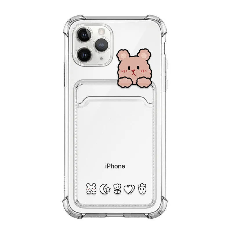 Cartoon design transparent iPhone case with card holder slots showing 2 cards stored