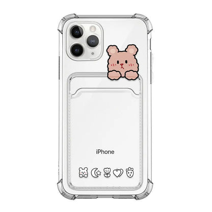 Cartoon design transparent iPhone case with card holder slots showing 2 cards stored