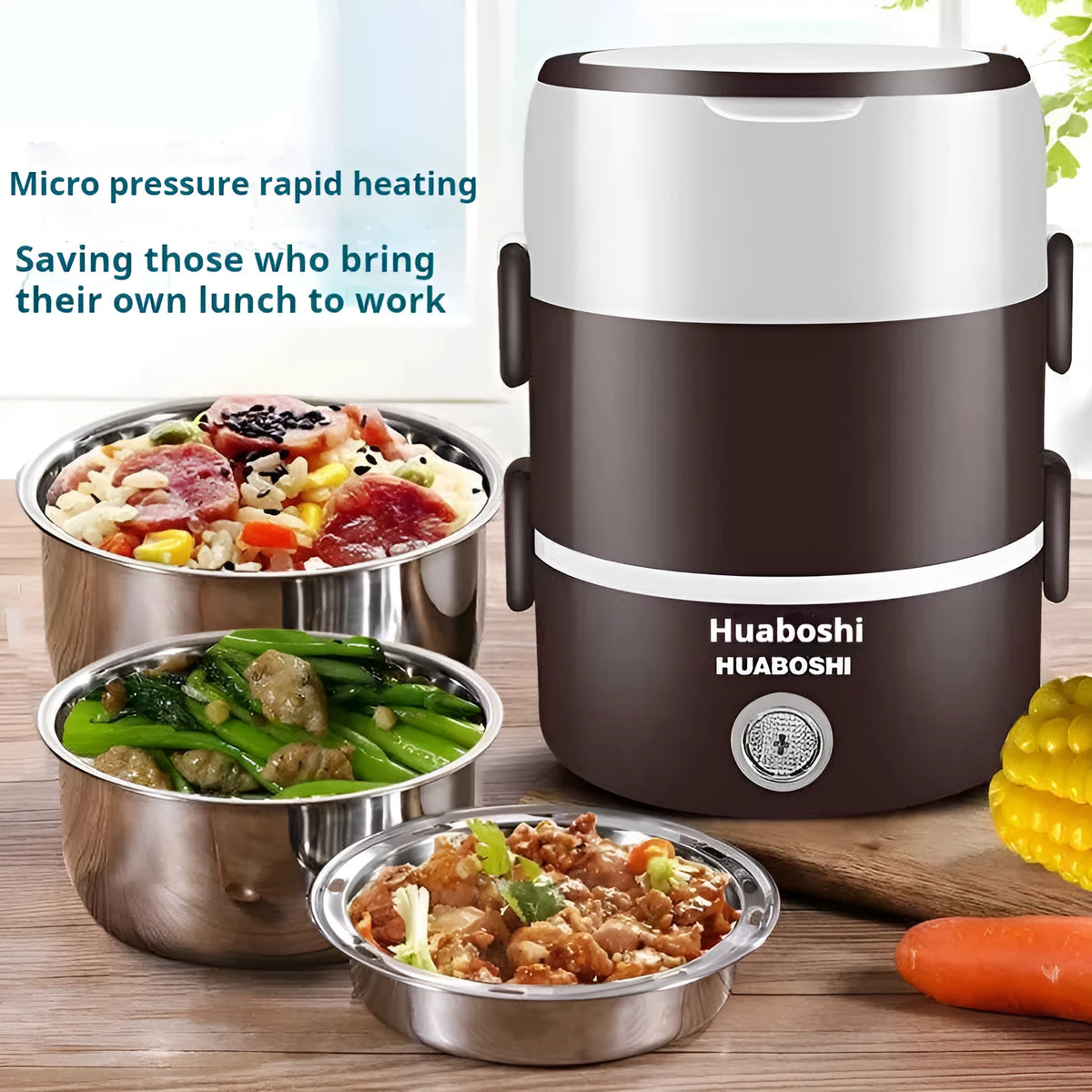 Portable plug-in insulated lunch box with stainless steel inner liner, shown in coffee and pink colour options.