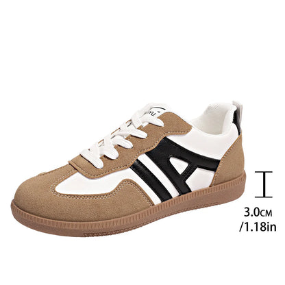 Women's retro lace-up jogging shoes in black, grey, and khaki with low platform heel.