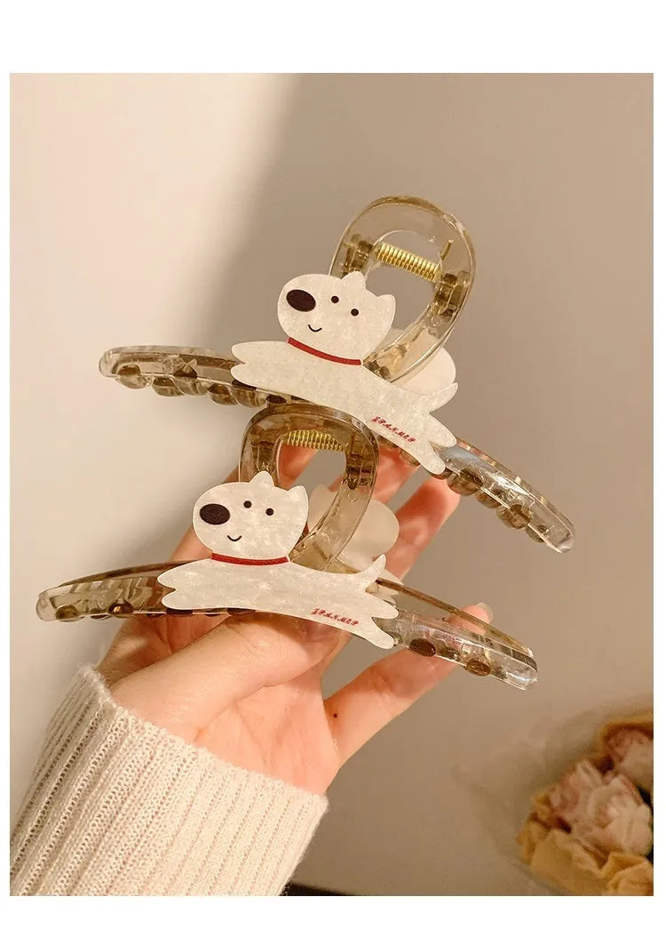 Korean style cartoon puppy hair barrette clip with grip design in beige or brown