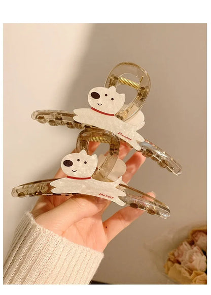 Korean style cartoon puppy hair barrette clip with grip design in beige or brown