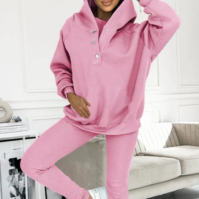 Women's 3-piece sports suit with hooded sweatshirt, vest, and slim trousers in various colours