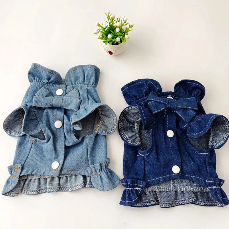 Blue denim pet dress with ruffles and back harness hook for dogs and cats