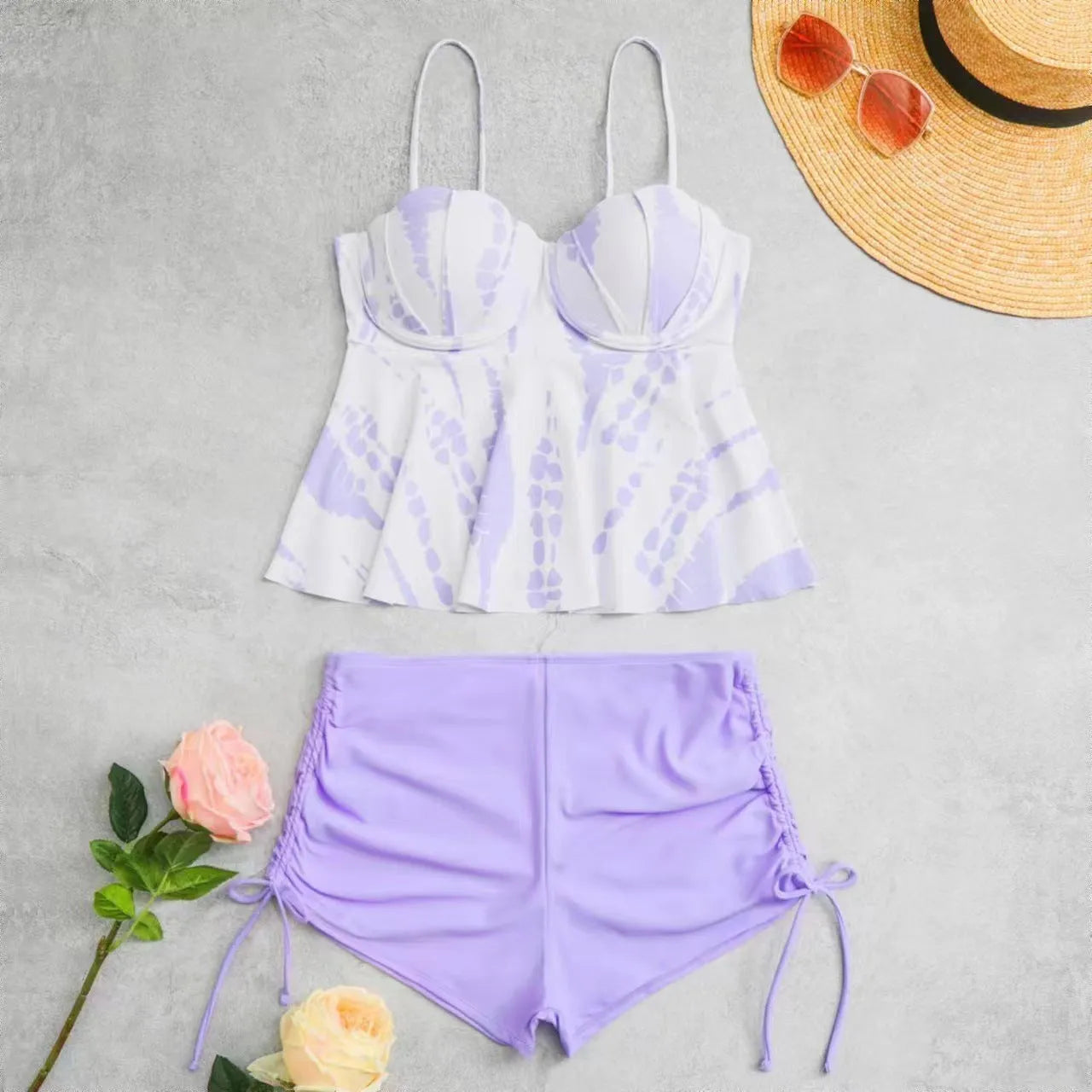 Women's hard bag printed split bikini swimsuit in polyester with top and shorts