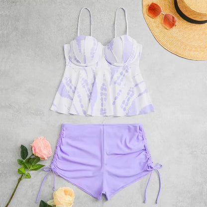 Women's hard bag printed split bikini swimsuit in polyester with top and shorts