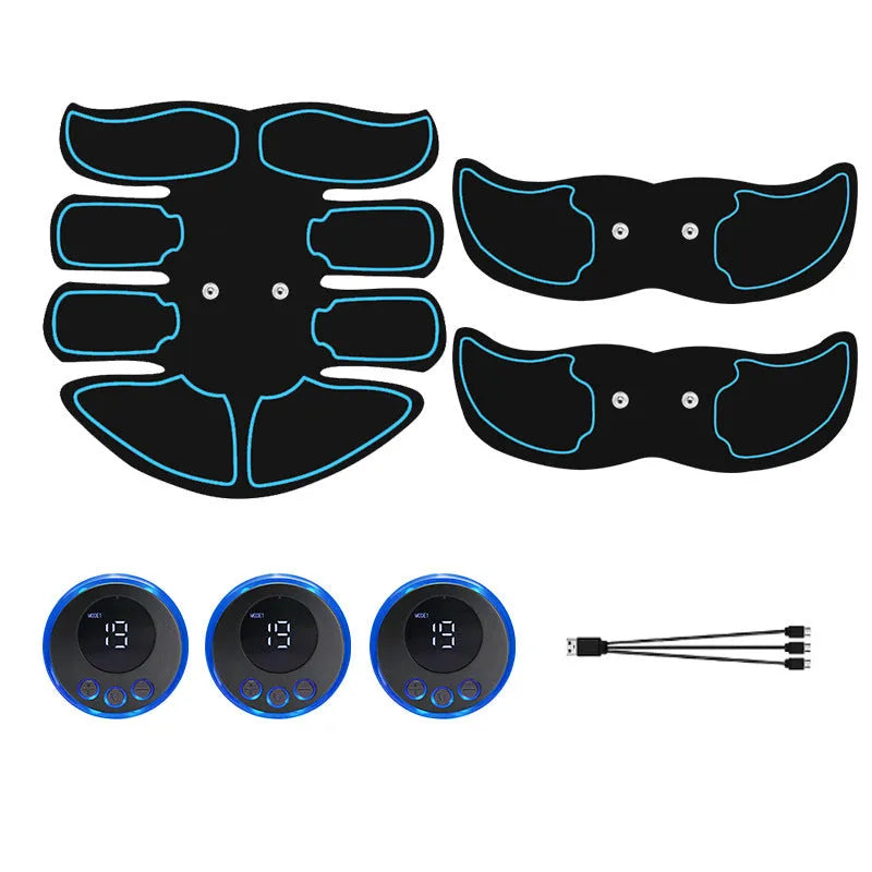 Blue-edged K81 digital abdominal muscle stimulator unit showing display, next to its charging cable.