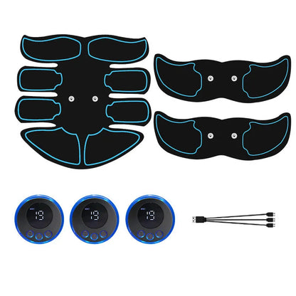 Blue-edged K81 digital abdominal muscle stimulator unit showing display, next to its charging cable.