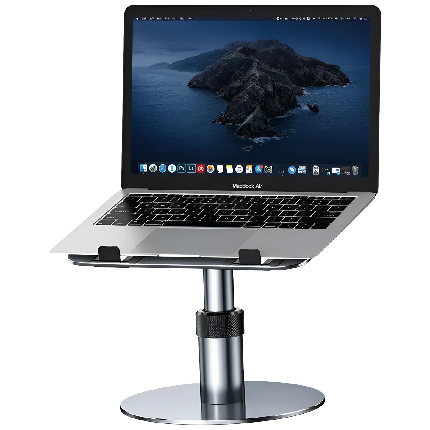 Silver adjustable aluminium car laptop stand with rotating base shown supporting a laptop.