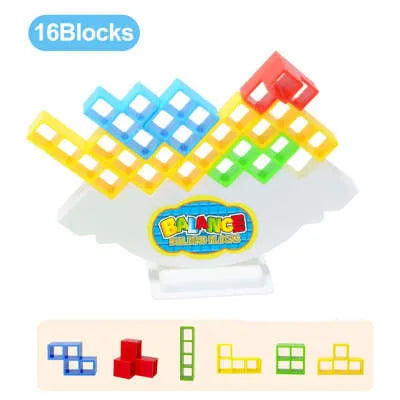 Plastic balance stacking game with 16 colourful blocks, chassis, and base for kids and adults