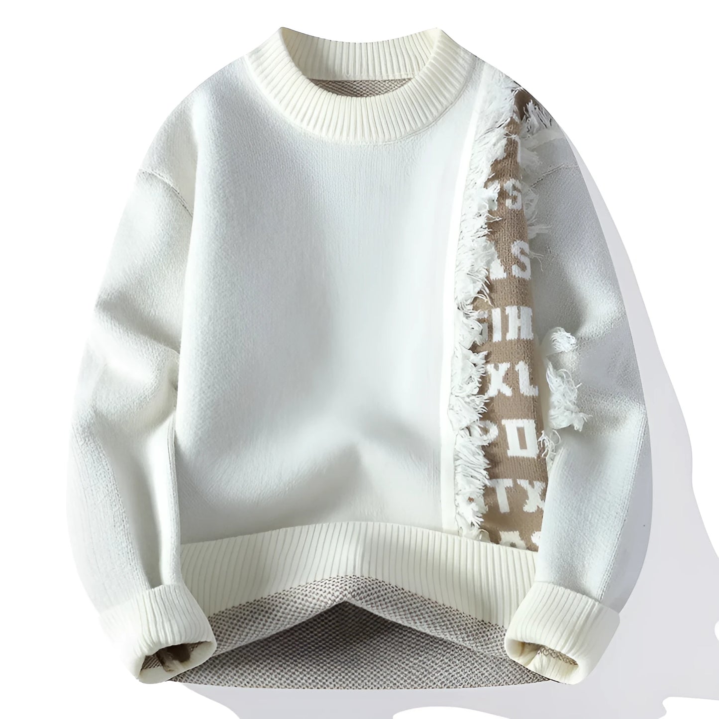 Men's loose grey knitted pullover with ribbed hem, long sleeves, and a casual fit on a hanger.