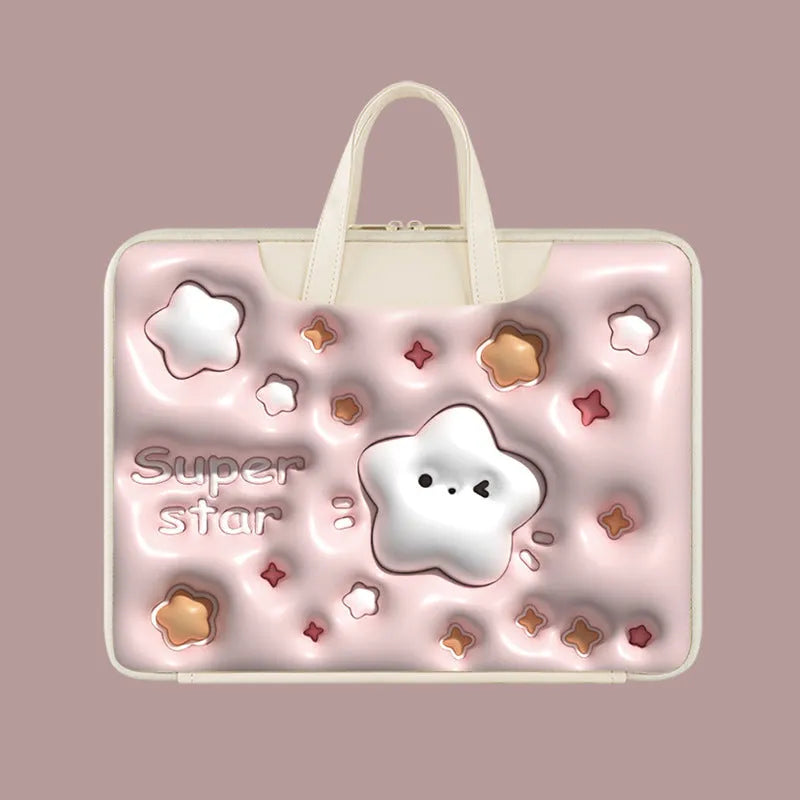 Inflatable laptop bag in PU leather with suitcase attachment strap and cute panda design print