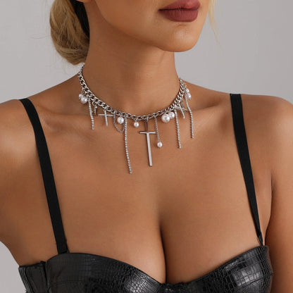 Cross Tassel Pearl Collarbone Chain Necklace with alloy pendant