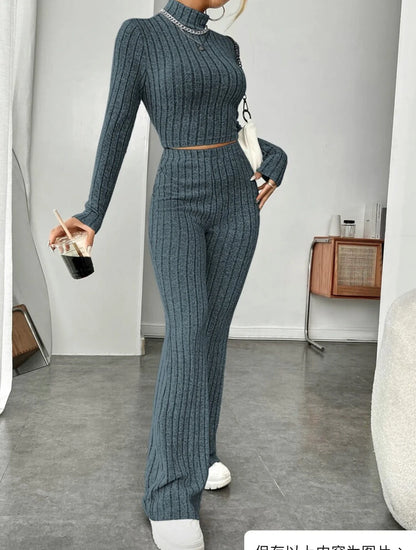 Women's cotton long sleeve turtleneck and wide leg high waist trousers suit in various colours
