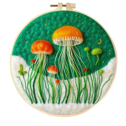 Round three-dimensional embroidery kit with linen fabric, wool felt pieces, and embroidery frame for 20x20 cm blanket painting
