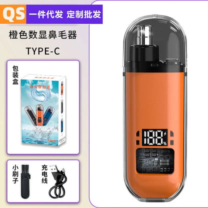 Rechargeable nose hair trimmer with digital display, cleaning brush, and USB charger
