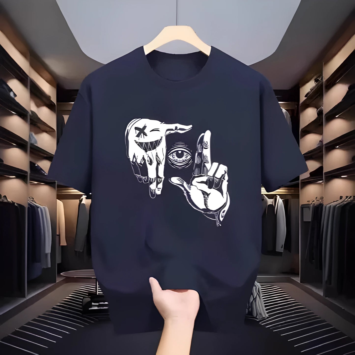 Men's mesh T-shirt with cartoon pattern in bird eye cloth polyester, showing round neck and short sleeve design