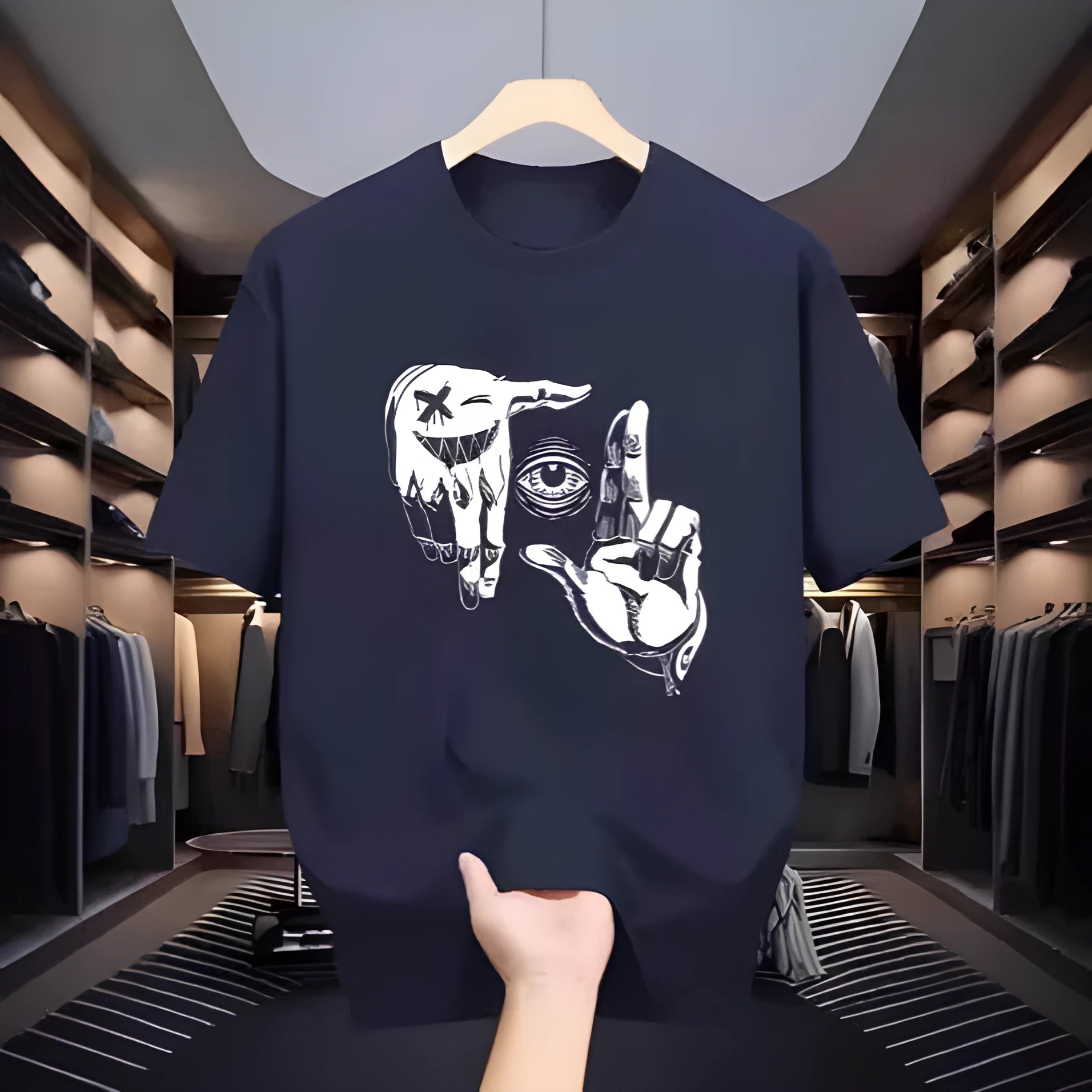 Men's mesh T-shirt with cartoon pattern in bird eye cloth polyester, showing round neck and short sleeve design