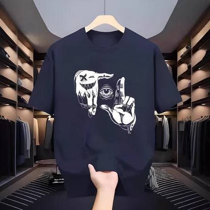 Men's mesh T-shirt with cartoon pattern in bird eye cloth polyester, showing round neck and short sleeve design