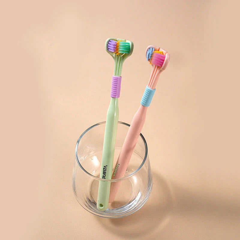 A soft bristle toothbrush with a unique triple-sided brush head for deep cleaning and customizable bristle firmness.