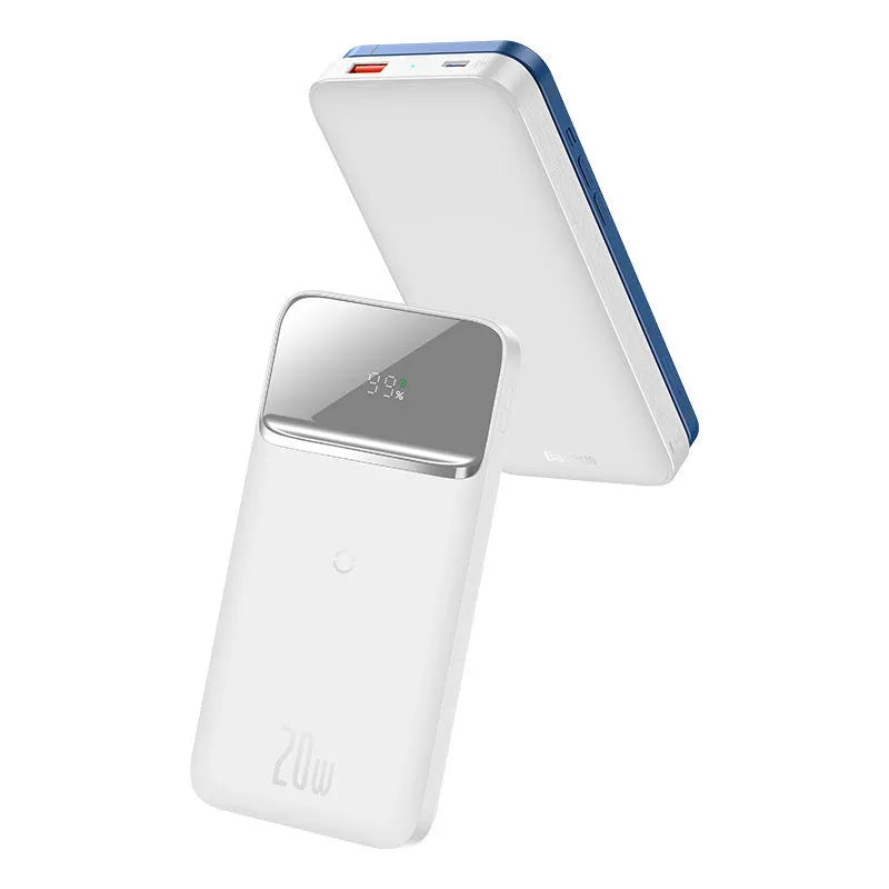Blue magnetic wireless 10000mAh mini power bank with square aluminium shell design.