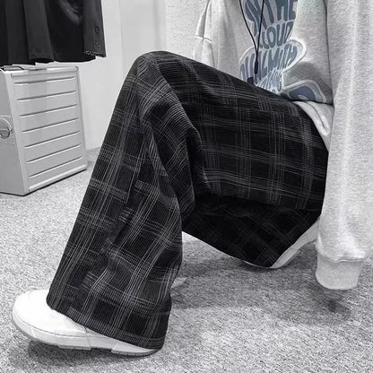 Japanese retro plaid trousers in straight-leg design with mid-waist fit
