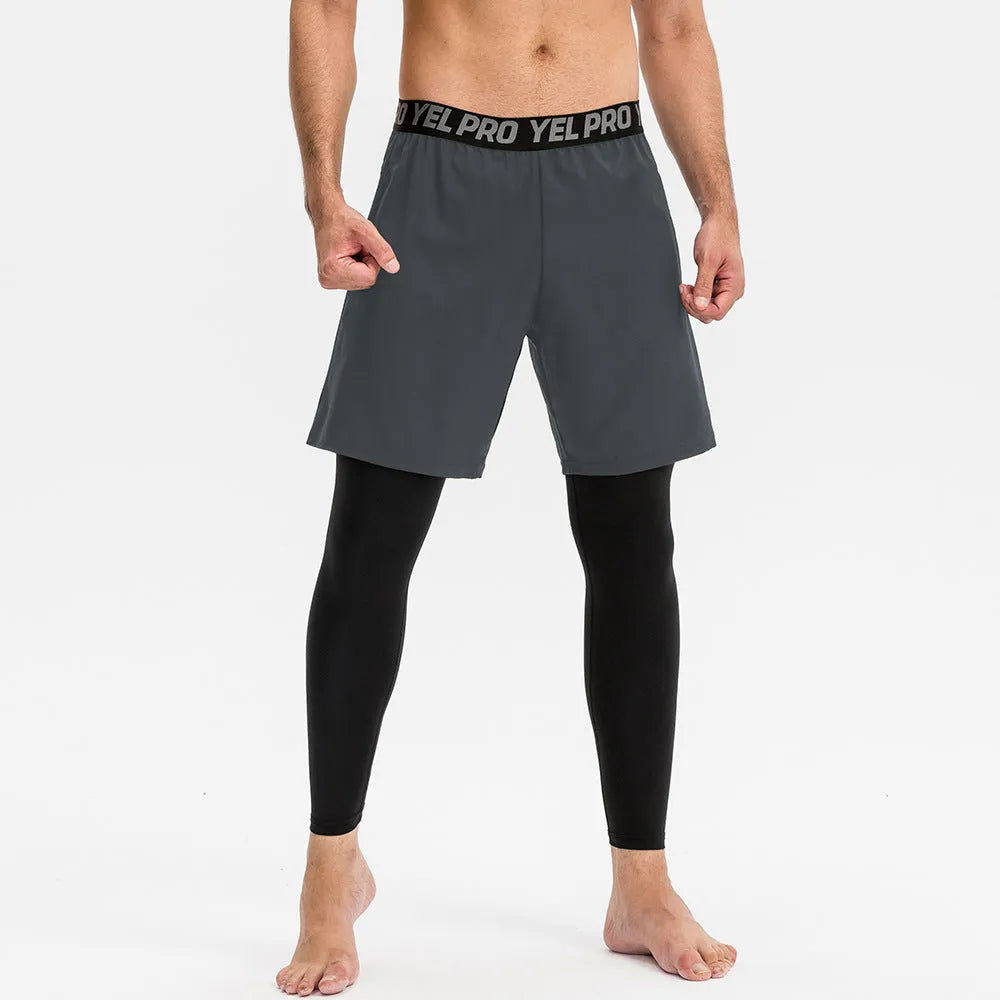 Men's tight fitness pants in polyester spandex fabric showing quick-dry properties and high elastic compression for athletic training
