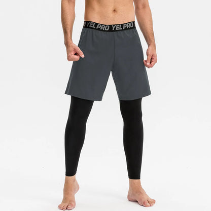 Men's tight fitness pants in polyester spandex fabric showing quick-dry properties and high elastic compression for athletic training