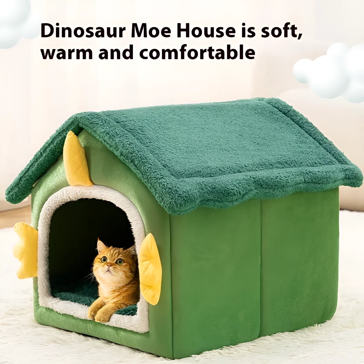 Large grey enclosed cat bed with soft cushion and blanket inside, shown next to a medium and small size.