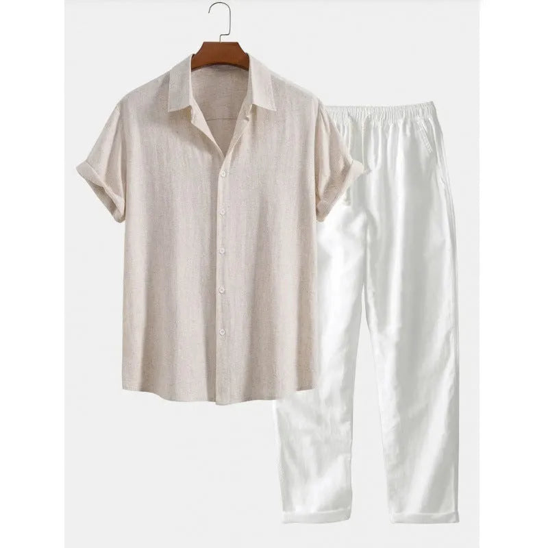 Men's casual loose fit short sleeve shirt and trousers suit in linen-look polyester fabric, available in multiple colours